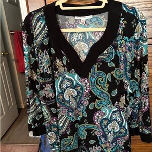 JM Collection Black and Teal Paisley Blouse